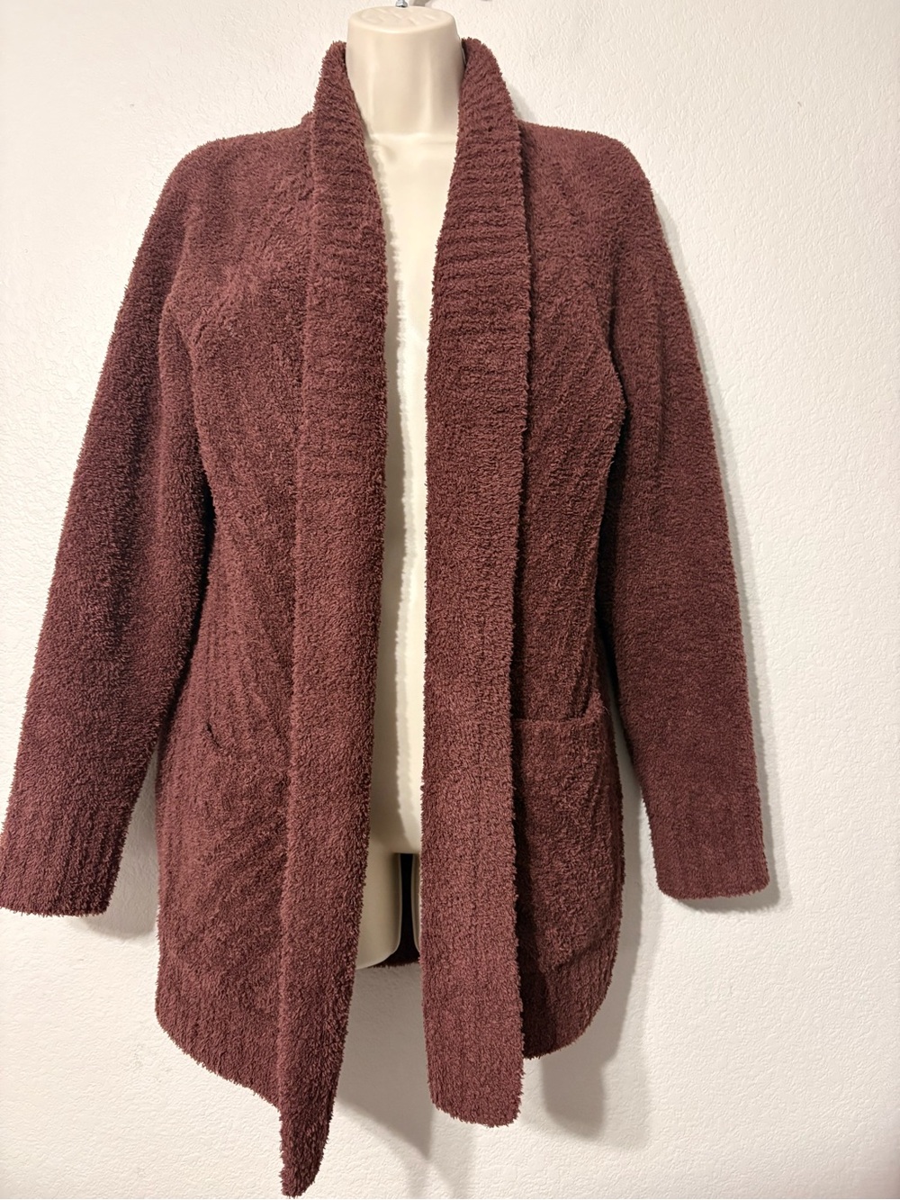 Barefoot Dreams Open-Front Plush Cardigan Cozy Sweater in Burgundy Pockets S